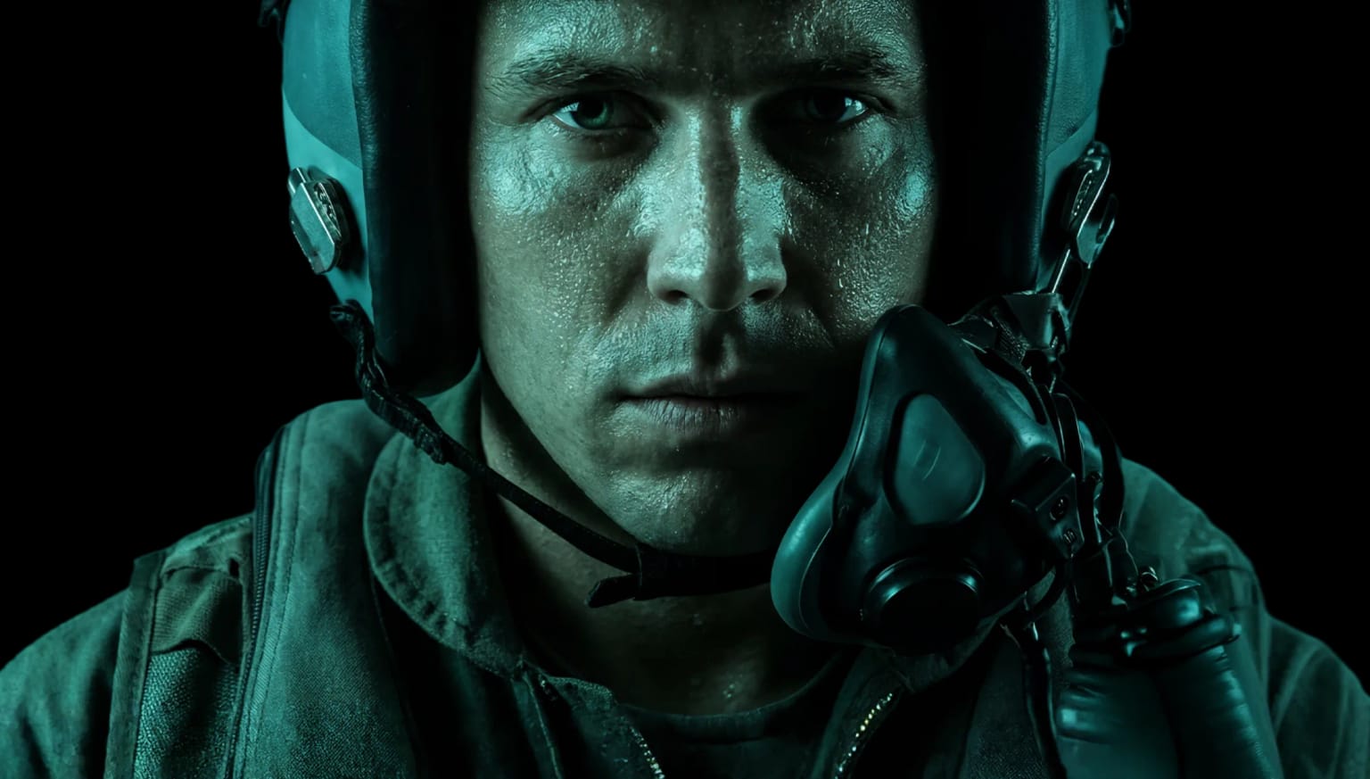 Fighter pilot in helmet and oxygen mask, illuminated by teal light